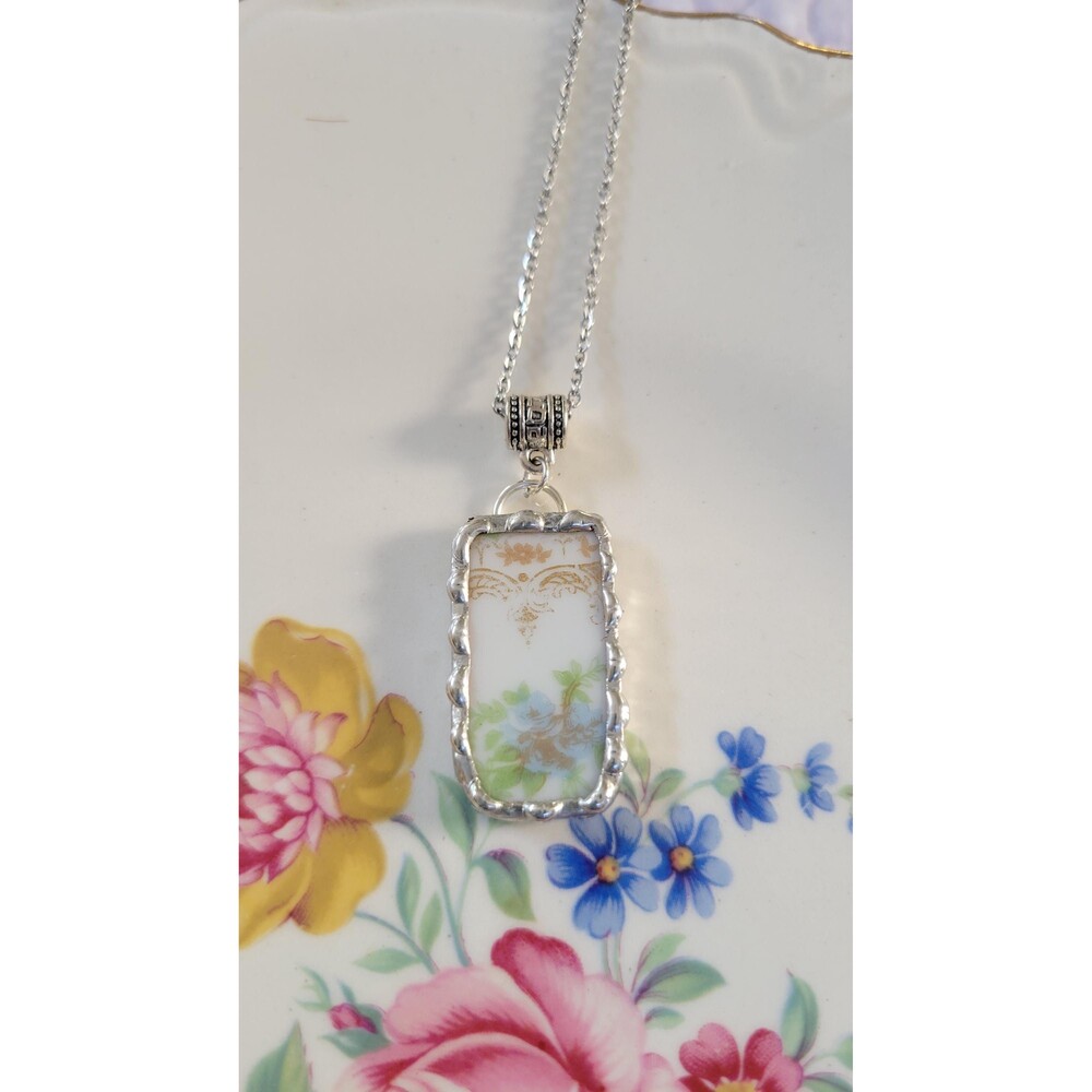 Broken China Limoges Haviland Pale Blue Flowers Soldered Pendant Necklace